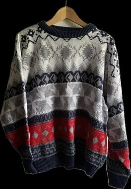 Vintage 80s American Weekend Sweater XL Made in USA Fair Isle Geometric Ski Knit